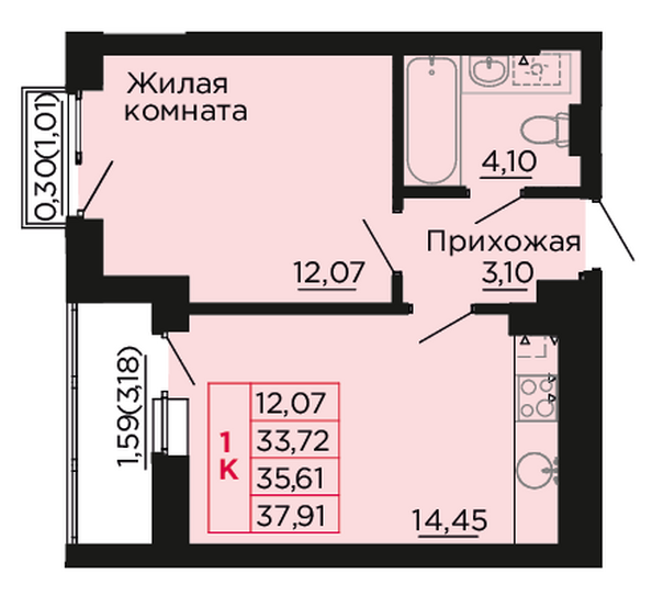 Планировка 1-комн 35,61 м²