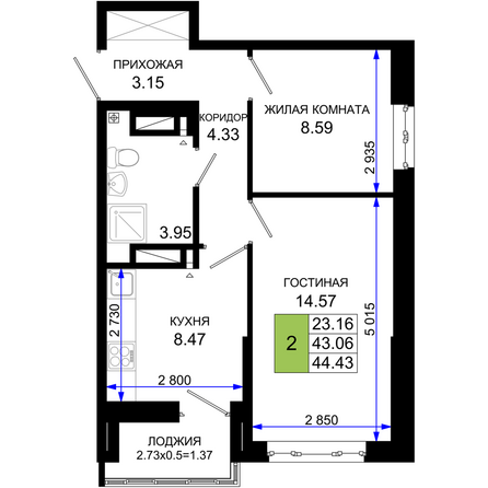 Планировка 2-комн 44,43 м²