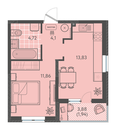Планировка 1-комн 36,25 - 37,35 м²