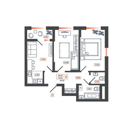 Планировка 3-комн 62,62 - 64,6 м²