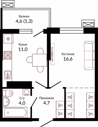 Планировка 1-комн 37,6 м²