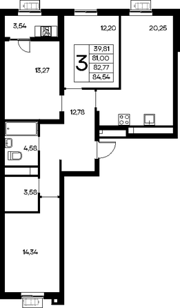 Планировка 3-комн 84,54 - 85,86 м²