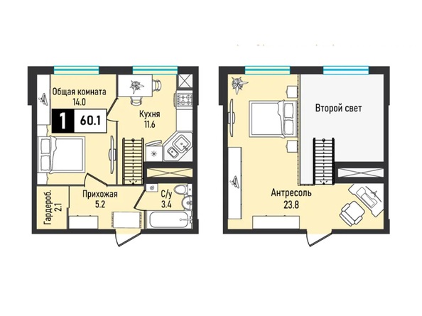 Планировка 1-комн 60,1 м²