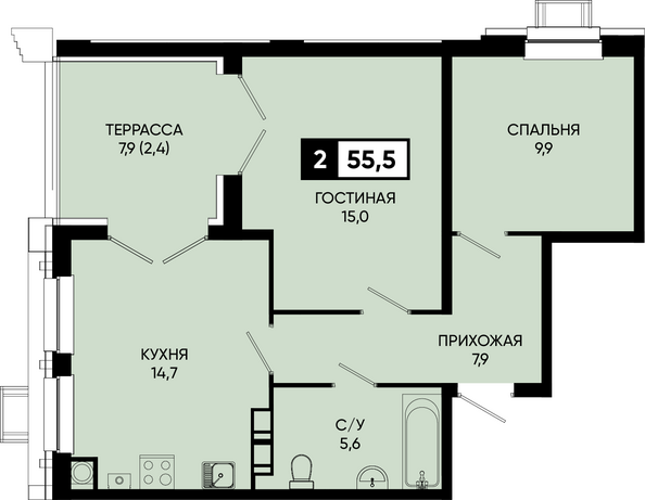Планировка 2-комн 55,5 м²