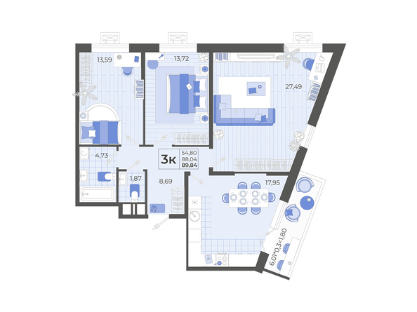 Планировка 3-комн 89,84 м²