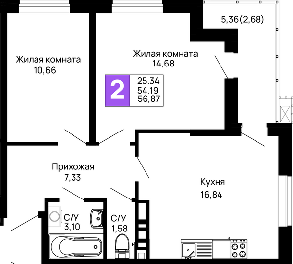 Планировка 2-комн 56,87 м²