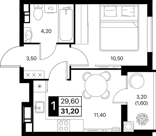 Планировка 1-комн 31,2, 31,4 м²