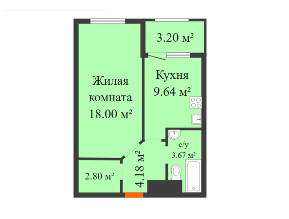 Планировка 1-комн 39,76 м²