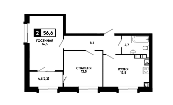 Планировка 2-комн 56,6 м²