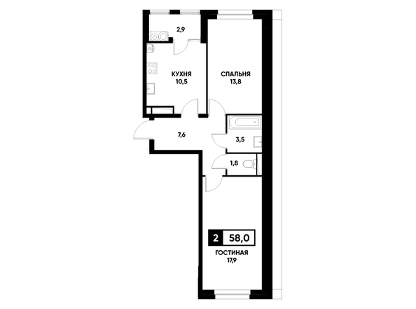 Планировка 2-комн 58 м²