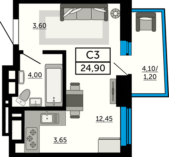 Планировка Студия 24,9 м²