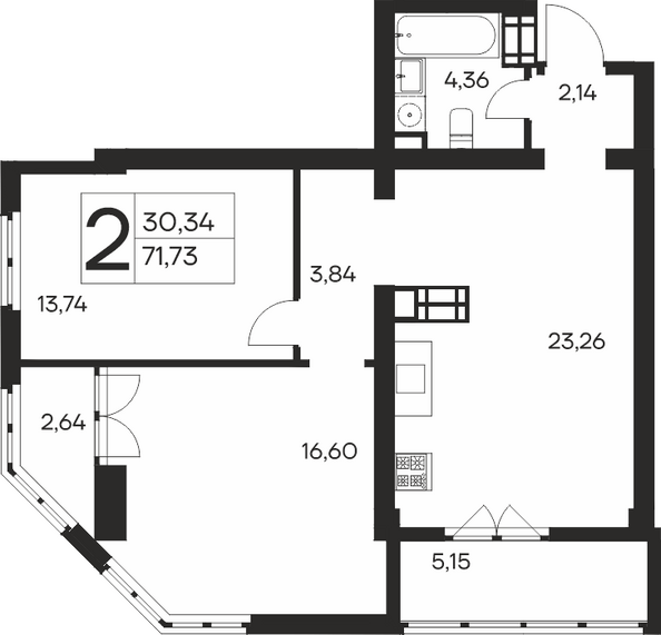 Планировка 2-комн 71,73 м²