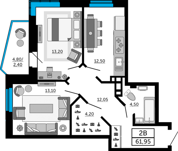 Планировка 2-комн 61,65, 61,95 м²