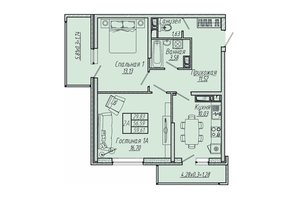 Планировка 2-комн 59,61 м²