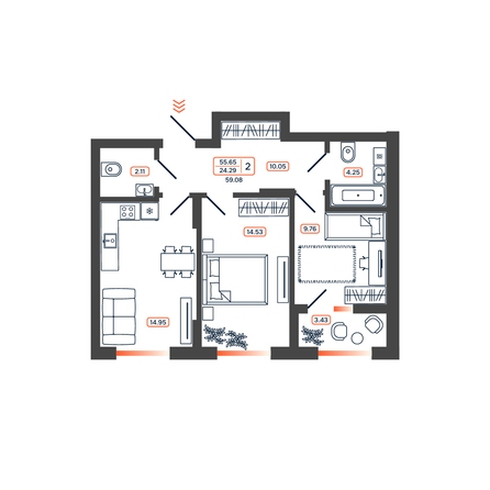 Планировка 3-комн 58,81 - 59,08 м²