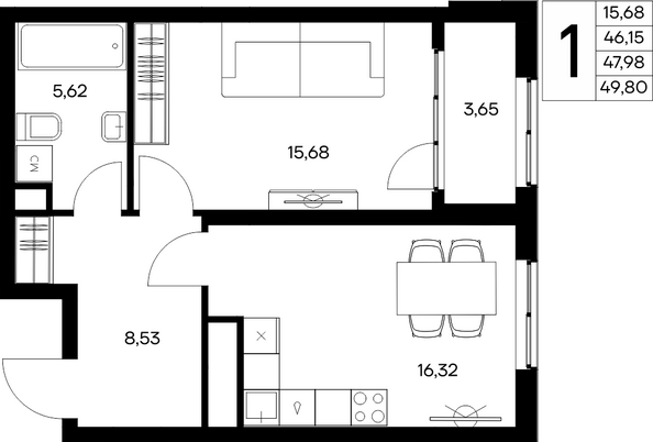 Планировка 1-комн 49,8 м²