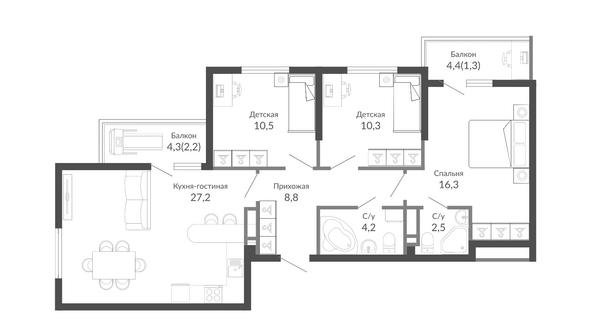 Планировка 3-комн 82,9 м²