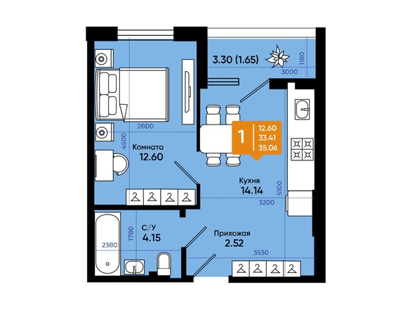 Планировка 1-комн 34,4, 34,7 м²