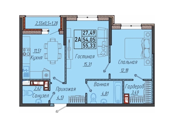 Планировка 2-комн 55,33 м²