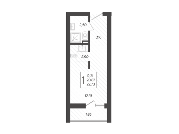 Планировка 1-комн 22,73 м²