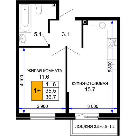 Планировка 1-комн 36,7 м²