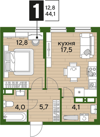 Планировка 1-комн 44,1 м²