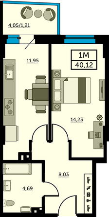 Планировка 1-комн 39,63, 39,73 м²