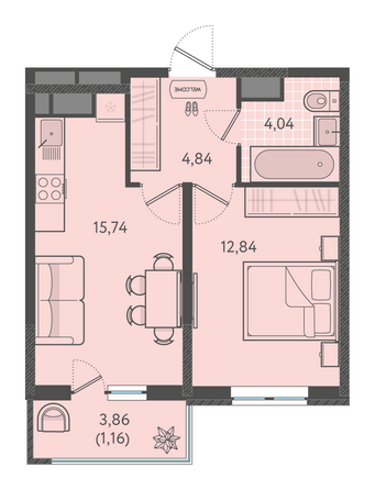 Планировка 1-комн 38,33 - 38,83 м²
