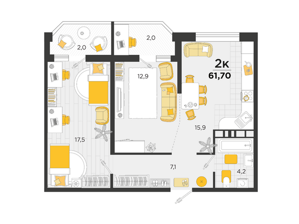 Планировка 2-комн 61,7 м²