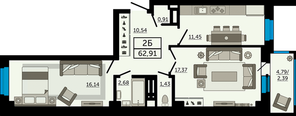 Планировка 2-комн 62,91 м²