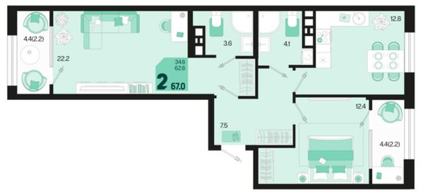 Планировка 2-комн 67 м²