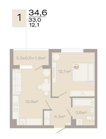 Планировка 1-комн 34,6 м²