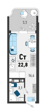 Планировка 1-комн 22,8 м²