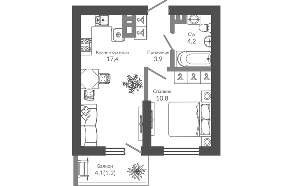 Планировка 1-комн 37,5 м²