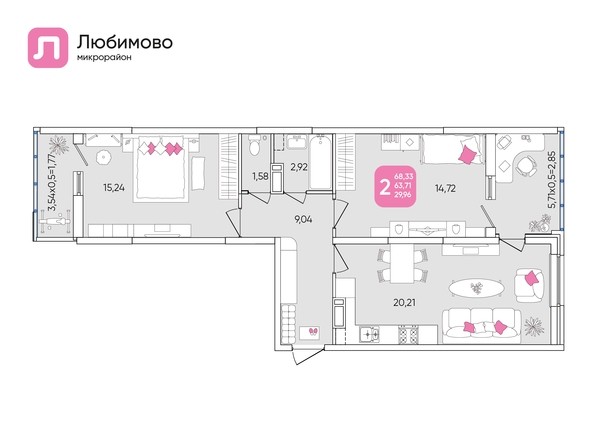 Планировка 2-комн 68,15 м²