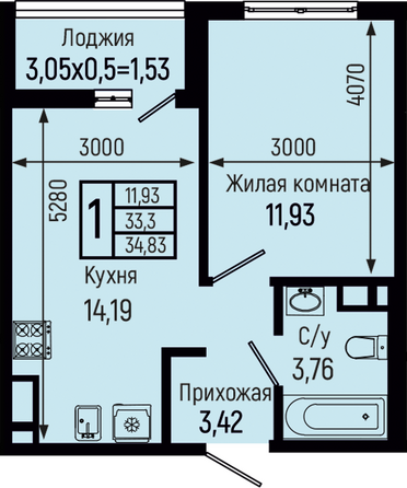 Планировка 1-комн 34,83 м²