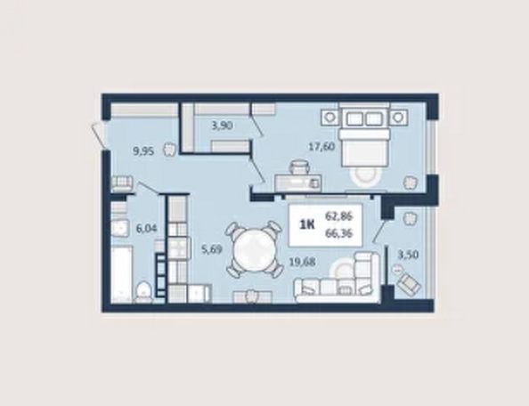 Планировка 1-комн 66,4 м²