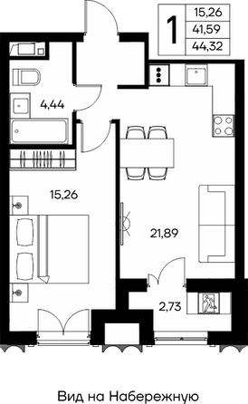 Планировка 1-комн 44,32 м²