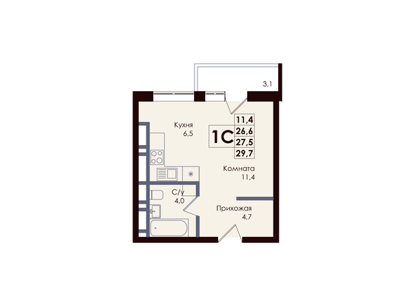 Планировка Студия 27,3 м²