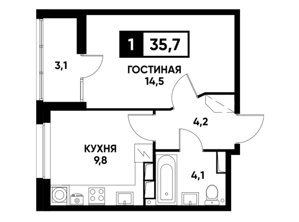 Планировка 1-комн 35,7 м²