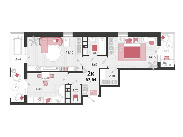 Планировка 2-комн 67,74 м²