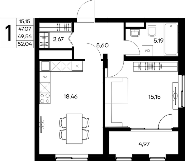 Планировка 1-комн 52,06 м²