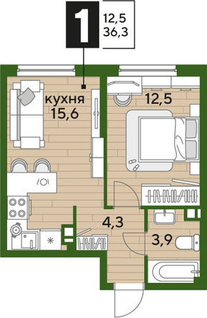 Планировка 1-комн 36,3 м²