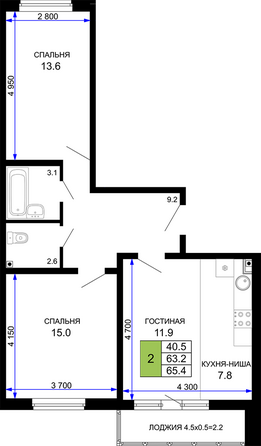 Планировка 2-комн 65,4 м²