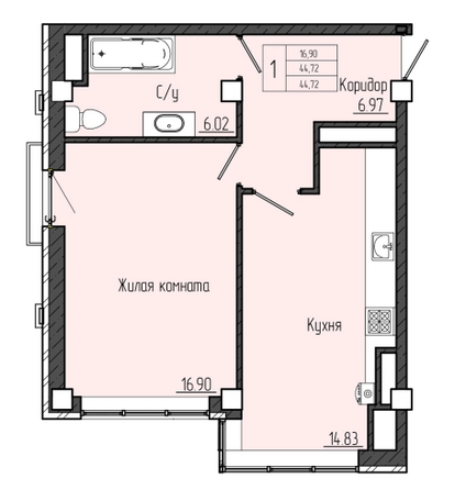 Планировка 1-комн 45,22 м²