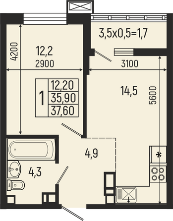 Планировка 1-комн 37,6, 38 м²
