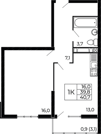 Планировка 1-комн 40,7 м²