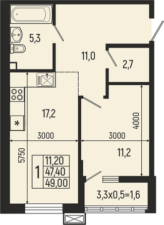 Планировка 1-комн 49 м²