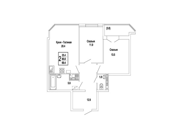 Планировка 2-комн 69,4 м²