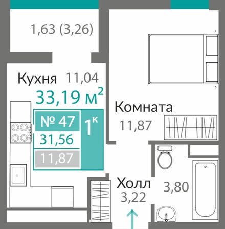 Планировка 1-комн 31,56 м²